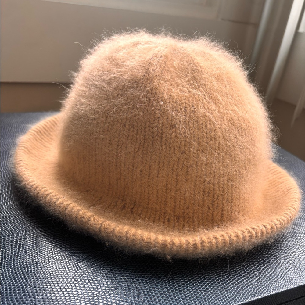 Fuzzy Bucket Hat Tan Angora Blend Knit Winter Hat
